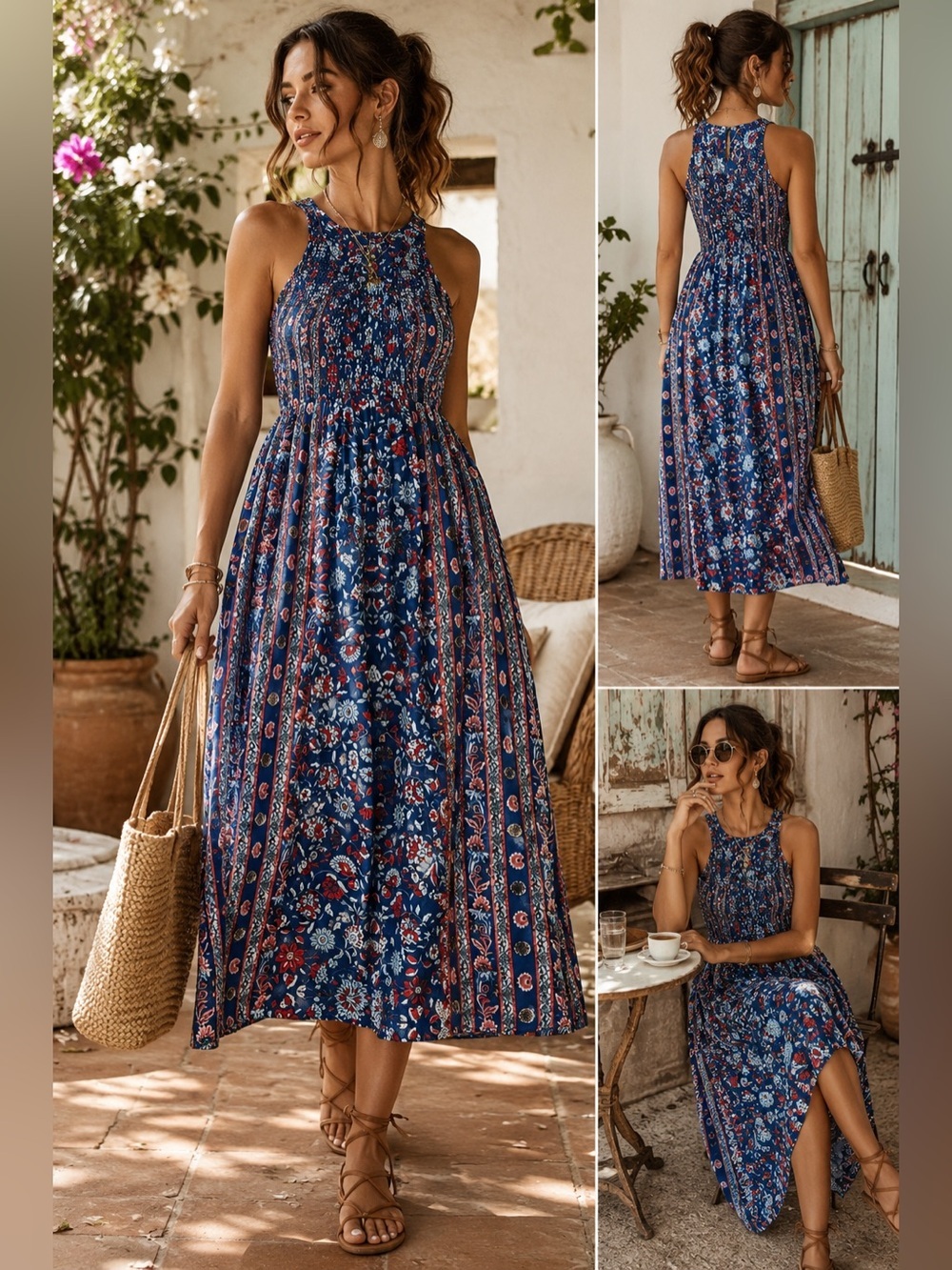 Japna Blue Floral Smocked Midi Dress Button Back Boho Rayon Size Small